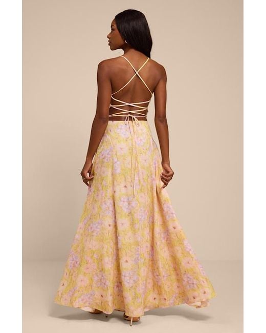 Lulus Natural Chelly Multi Floral Lace-Up Maxi Dress