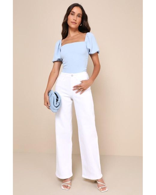 Lulus Blue Abundance Of Love Textured Puff Sleeve Tie-Back Bodysuit