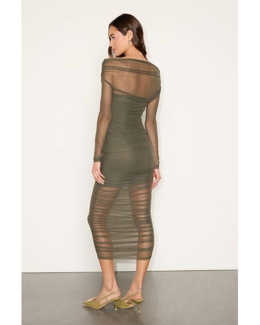 Lulus Green Sunama Mesh Ruched Long Sleeve Bodycon Midi Dress