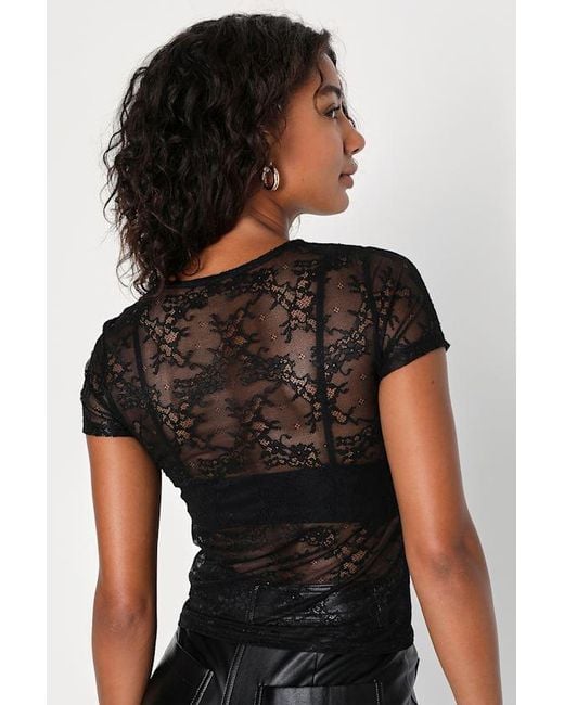 Lulus Black Clearly Sultry Lace Sheer Short Sleeve Top