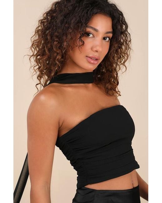 Lulus Black Marlette Strapless Crop Top And Scarf Set