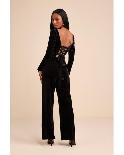 Lulus Black Asalia Velvet Lace-Up Long Sleeve Straight-Leg Jumpsuit