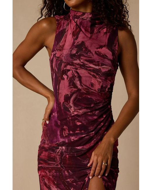 Lulus Red Sequoia Multi Abstract Mesh Mock Neck Midi Dress
