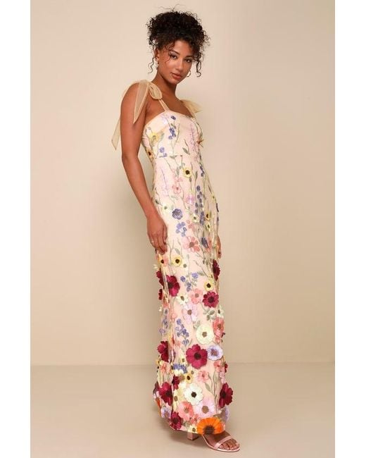 Lulus Natural Thriving Poise Blush 3D Floral Embroidered Tie-Strap Maxi Dress