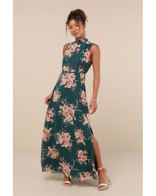 Lulus Blue Classic Elegance Emerald Floral Mock Neck Maxi Dress