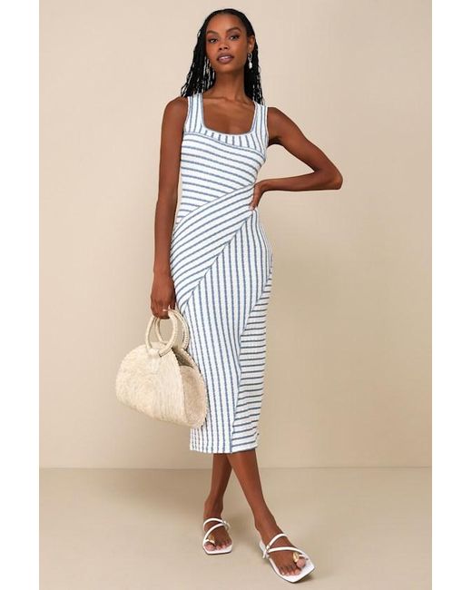 Lulus Natural Constantly Trendy Striped Crinkle Bodycon Midi Dress