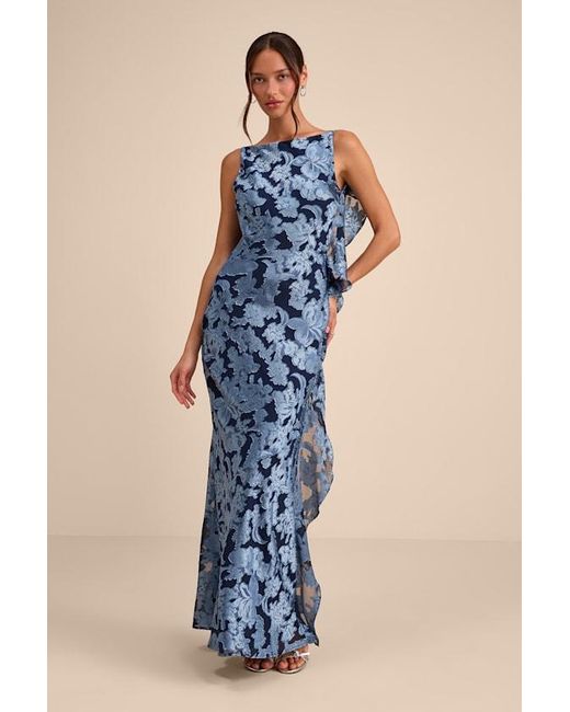 Lulus Blue Narelle Floral Burnout Ruffled Maxi Dress