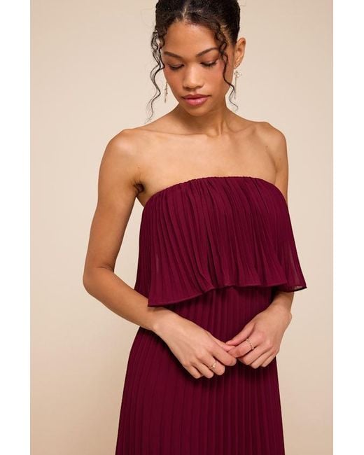 Lulus Red Arietta Plum Pleated Strapless Maxi Dress