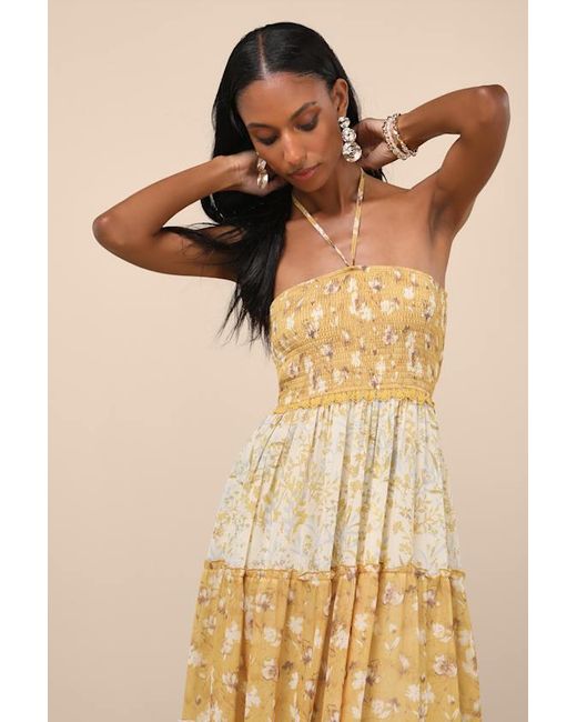 Lulus Natural Bennie And Ivory Floral Tiered Halter Maxi Dress