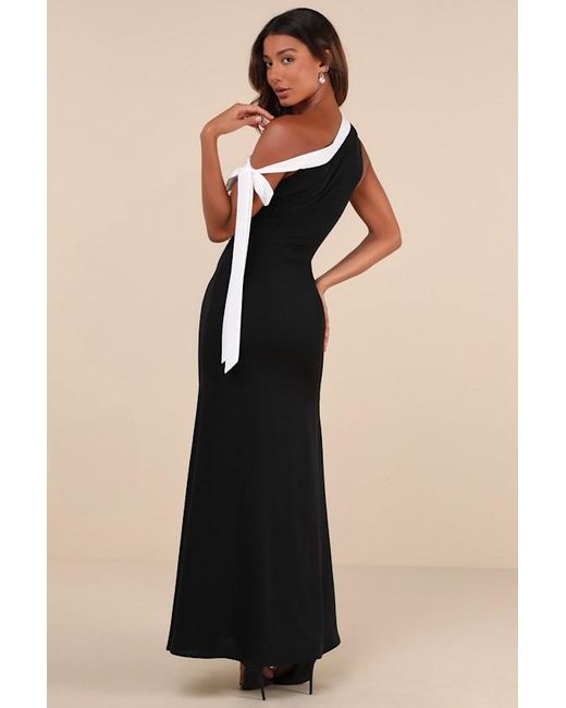 Lulus Black Intriguing Demeanor And Bow One-Shoulder Maxi Dress