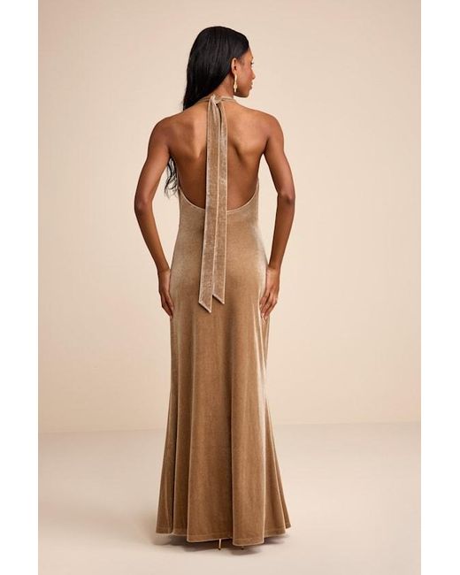 Lulus Natural Elarina Velvet Cowl Halter Mermaid Maxi Dress