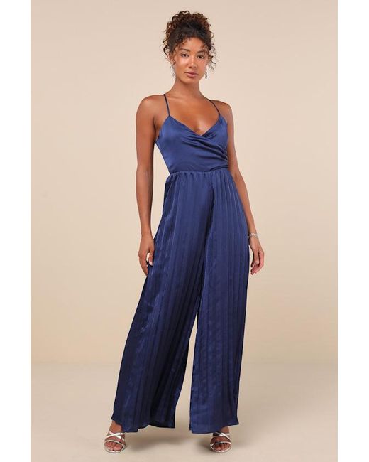 Lulus Blue Memorably Sophisticated Satin Pleated Backless Jumpsuit