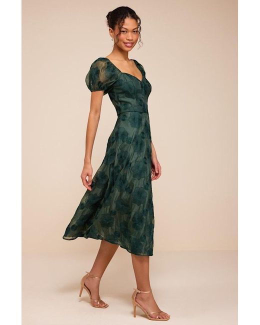 Lulus Green Sweetest Behavior Emerald Embroidered Puff Sleeve Midi Dress