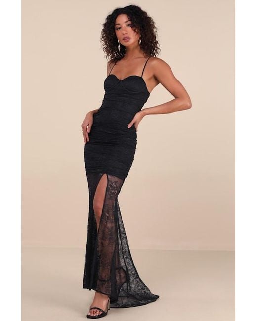 Lulus Blue Hespera Lace Ruched Bustier Mermaid Maxi Dress