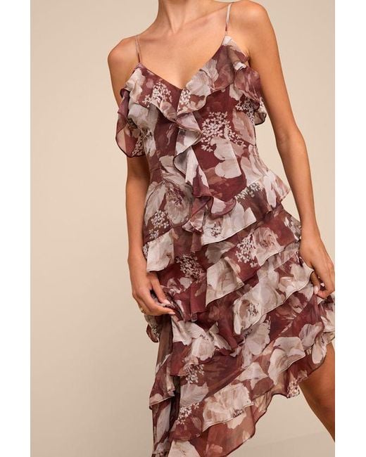 Lulus Natural Sinclair Floral Ruffled Midi Dress