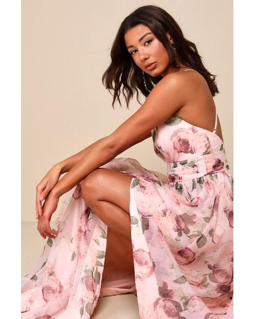 Lulus Pink Romance That Wows Blush Floral Print Organza Maxi Dress