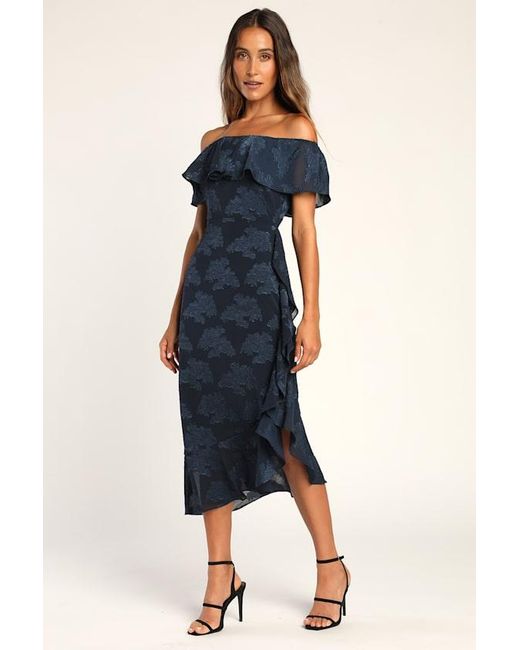 Lulus Blue Pretty Perfect Floral Burnout Off-The-Shoulder Midi Dress