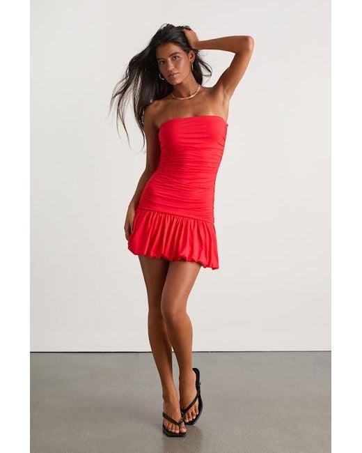 Lulus Red Calix Strapless Ruched Bubble-Hem Mini Dress