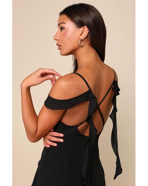 Lulus Iconic Reality Ruffled Cold Shoulder Backless Maxi Dress in Black Lyst UK