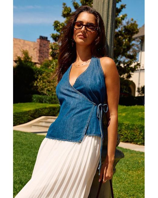 Lulus Blue Soleil Dark Wash Denim Halter Wrap Top