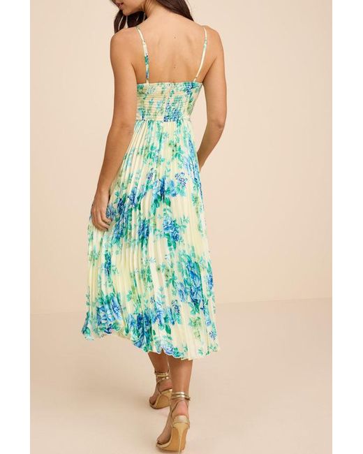 Lulus Blue Francette Floral Satin Pleated Midi Dress