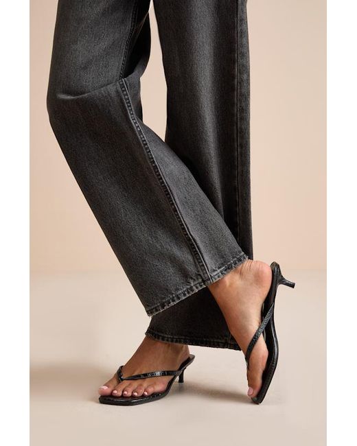 Lulus Black Massima Croc-Embrossed Kitten Heel Thong Sandals
