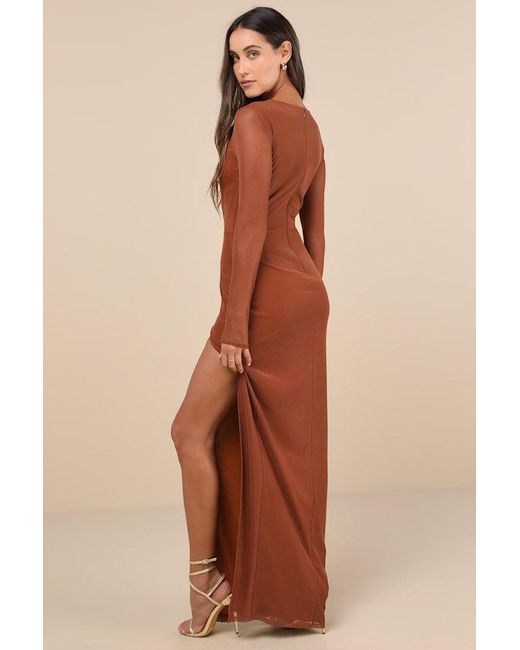 Lulus Brown Remarkable Attitude Rust Mesh Asymmetrical Cutout Maxi Dress