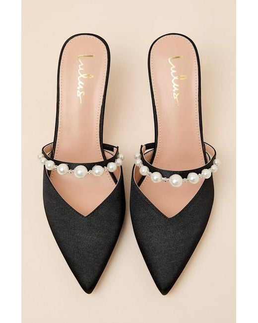 Lulus Black Daryll Satin Pearl Pointed-Toe Mule Pumps