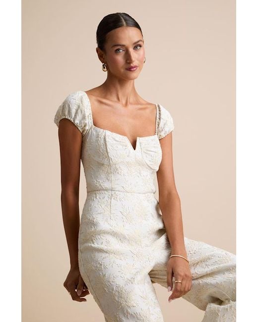 Lulus Natural New Glam Cream Floral Jacquard Bustier Off-The-Shoulder Jumpsuit