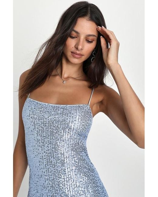 Lulus Blue Unreal Sparkle Light Lace-Up Cowl Back Mini Bodycon Dress