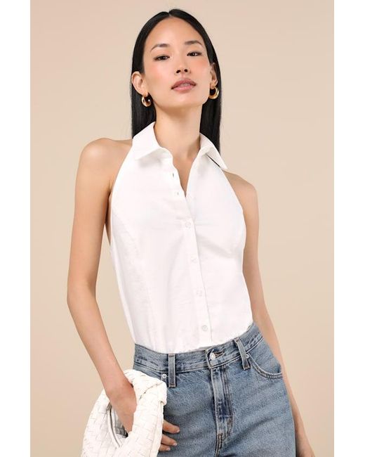 Lulus Blue Aeres Button-Front Collared Halter Bodysuit