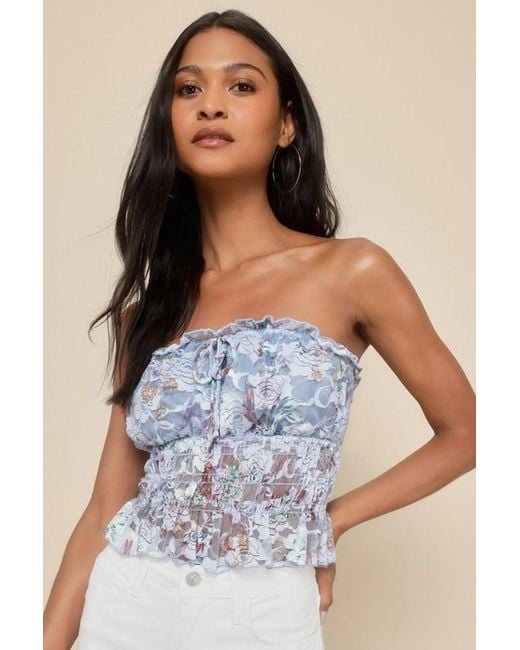 Lulus Blue Lovely Sweetness Floral Lace Strapless Smocked Top