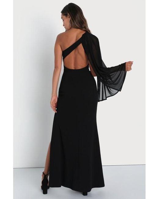 Lulus Black Majestic Attitude Cape Sleeve One-Shoulder Maxi Dress