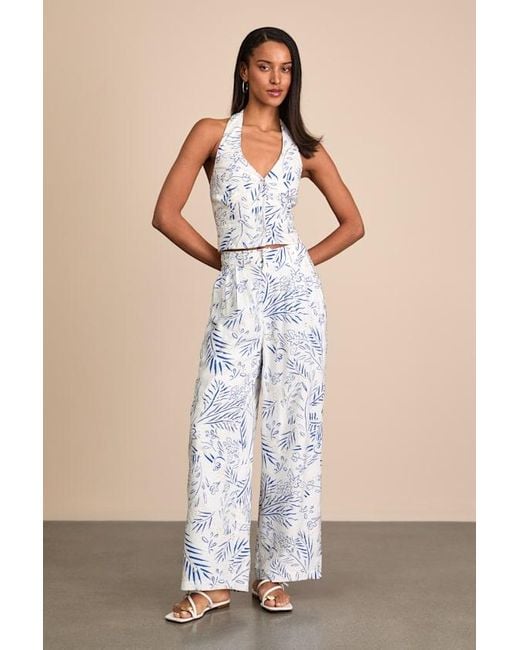 Lulus Natural Amarae Ivory And Floral Print Wide-Leg Trouser Pants