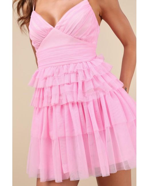 Lulus Pink Special Poise Tulle Pleated Sleeveless Tiered Mini Dress