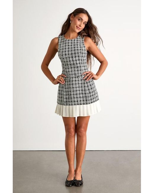 Lulus White Moroni Tweed Pleated Hem Mini Dress