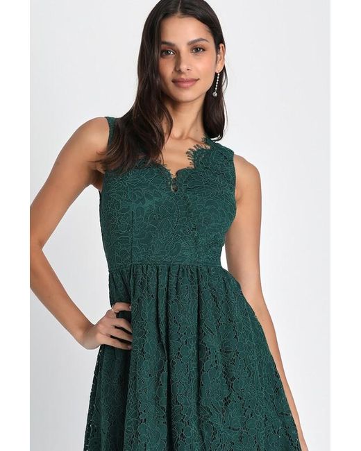 Lulus Love Swept Emerald Lace Midi Skater Dress With Pockets in Green Lyst UK