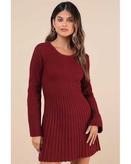Lulus Red Convincing Poise Ribbed Long Sleeve Skater Mini Dress