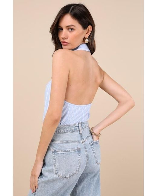 Lulus Blue Aeres Pinstriped Button-Front Collared Halter Bodysuit