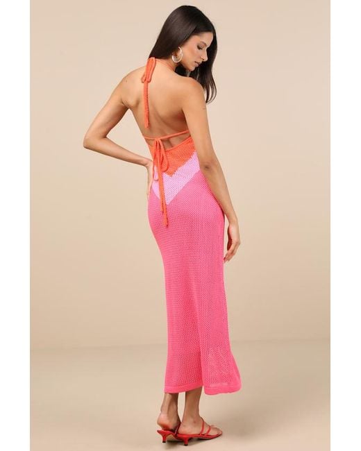 Lulus Pink Cancun Calling Multi Crochet Halter Midi Sweater Dress