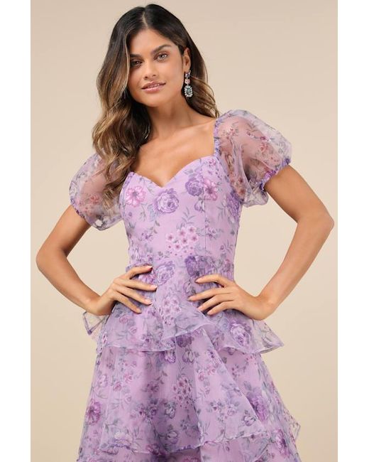 Lulus Purple Oh-So Stunning Floral Organza Tiered Midi Dress