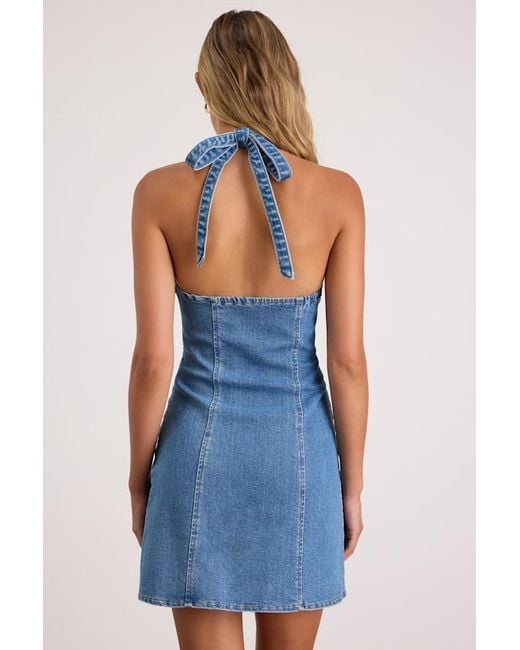 Lulus Blue Luce Medium Wash Denim Halter Mini Dress