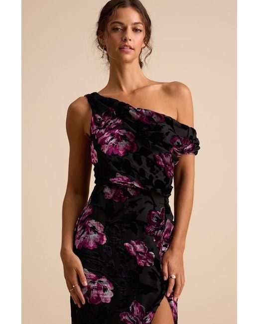 Lulus Natural Marnella Floral Velvet Burnout Asymmetrical Maxi Dress