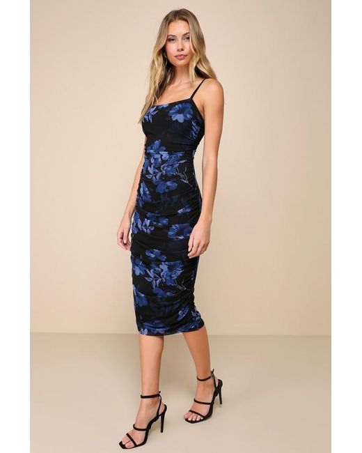 Lulus Blue Date Night Beauty Floral Print Mesh Ruched Midi Dress