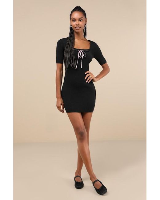 Lulus Black Adorable Motivation Ribbed Ribbon Sweater Mini Dress