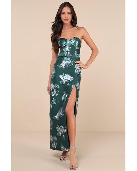 Lulus Blue Luxe Sweetie Emerald Floral Taffeta Belted Strapless Maxi Dress