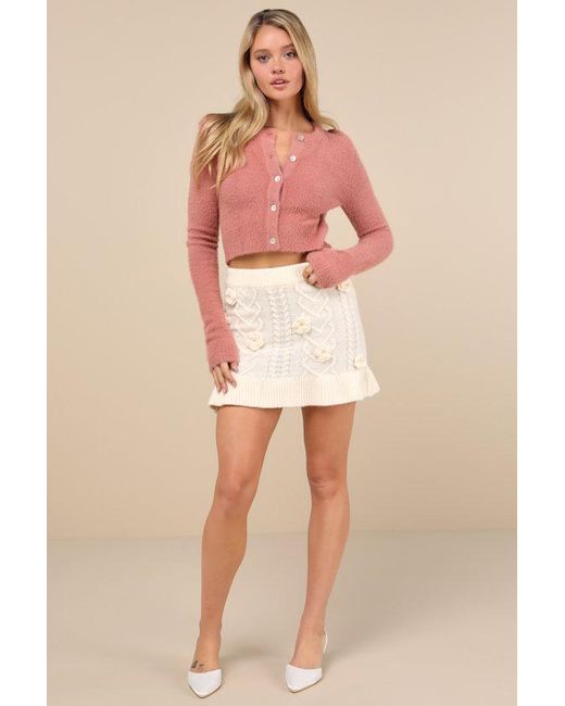 JACQUIE THE LABEL Pink Maeve Cream Knit 3D Floral Applique Mini Skirt