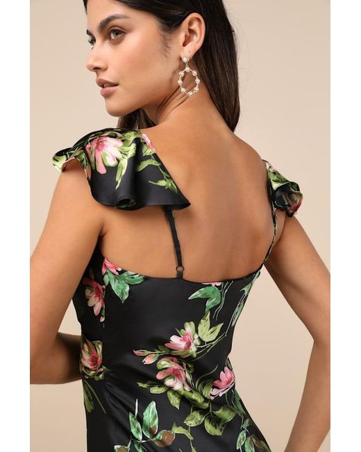 Lulus Natural Captivating Grace Floral Satin Ruffled Maxi Dress