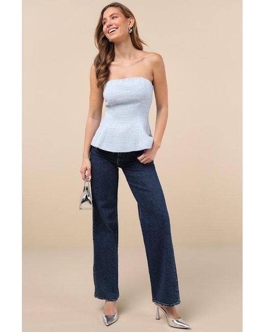 Lulus Blue Sweetened Attitude Tweed Strapless Peplum Top