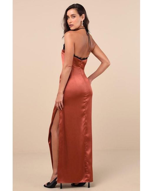 Lulus Orange Mairwen Rust And Satin Lace Halter Maxi Dress